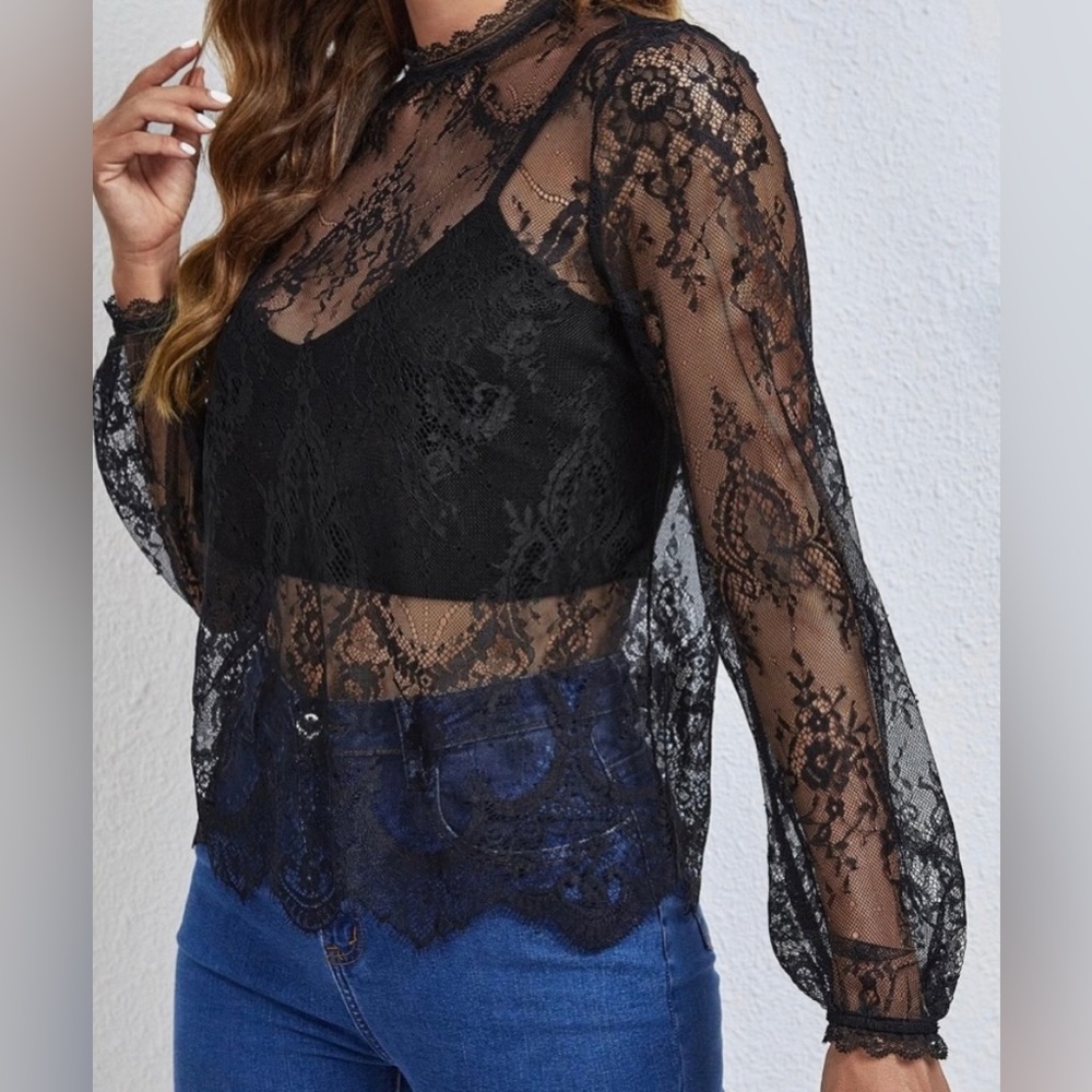 Luxe black romantic floral lace long sleeve top - Picture 7 of 9